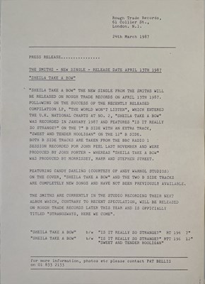 Lot 159 - THE SMITHS - SHEILA... 7" WITH PRESS RELEASE.