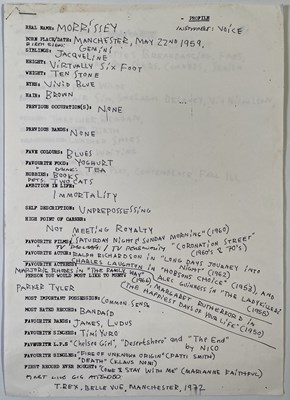 Lot 206 - THE SMITHS - HANDWRITTEN QUESTIONNAIRE ANSWERS BY MORRISSEY.