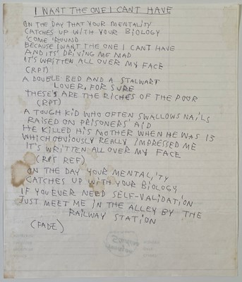 Lot 183 - THE SMITHS - MORRISSEY HANDWRITTEN LYRICS FOR 'I WANT THE ONE I CAN'T HAVE'.