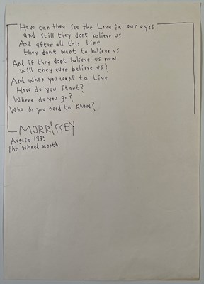 Lot 185 - THE SMITHS - MORRISSEY HANDWRITTEN LYRICS FOR 'BOY WITH THE THORN..'.