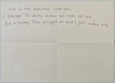 Lot 187 - THE SMITHS- MORRISSEY HANDWRITTEN LYRICS FOR 'THERE IS A LIGHT..'