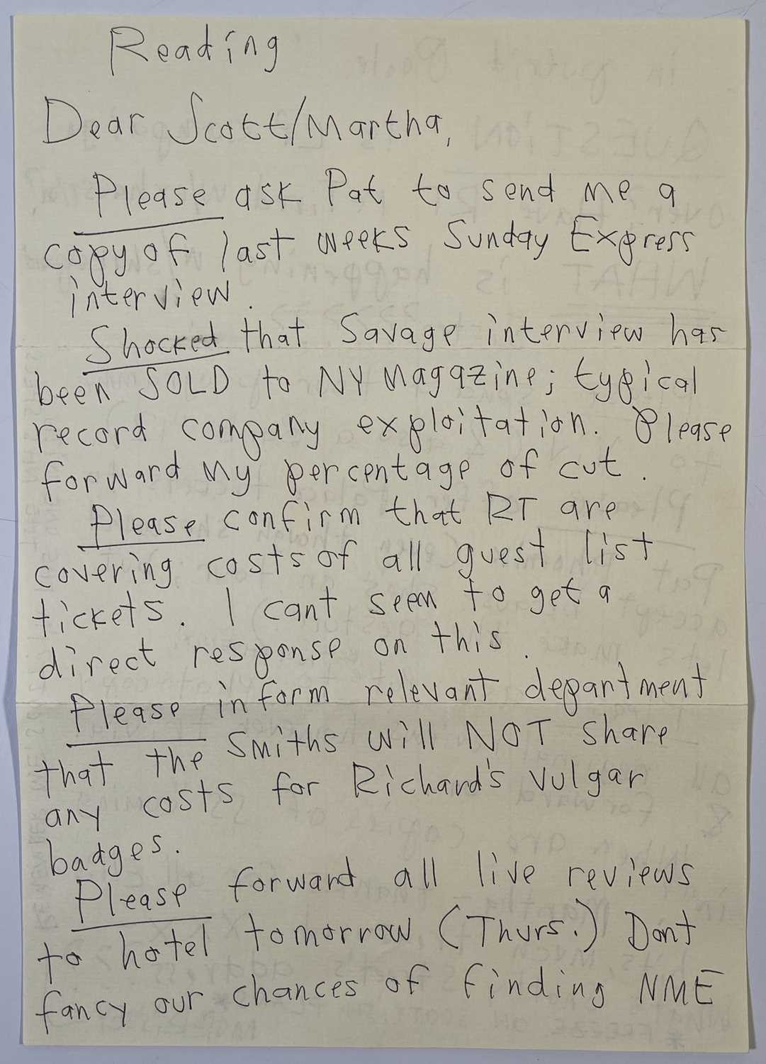 Lot 192 - THE SMITHS - MORRISSEY HANDWRITTEN LETTER.