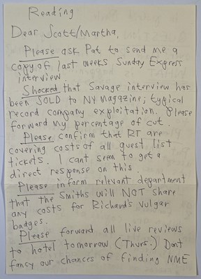 Lot 192 - THE SMITHS - MORRISSEY HANDWRITTEN LETTER.