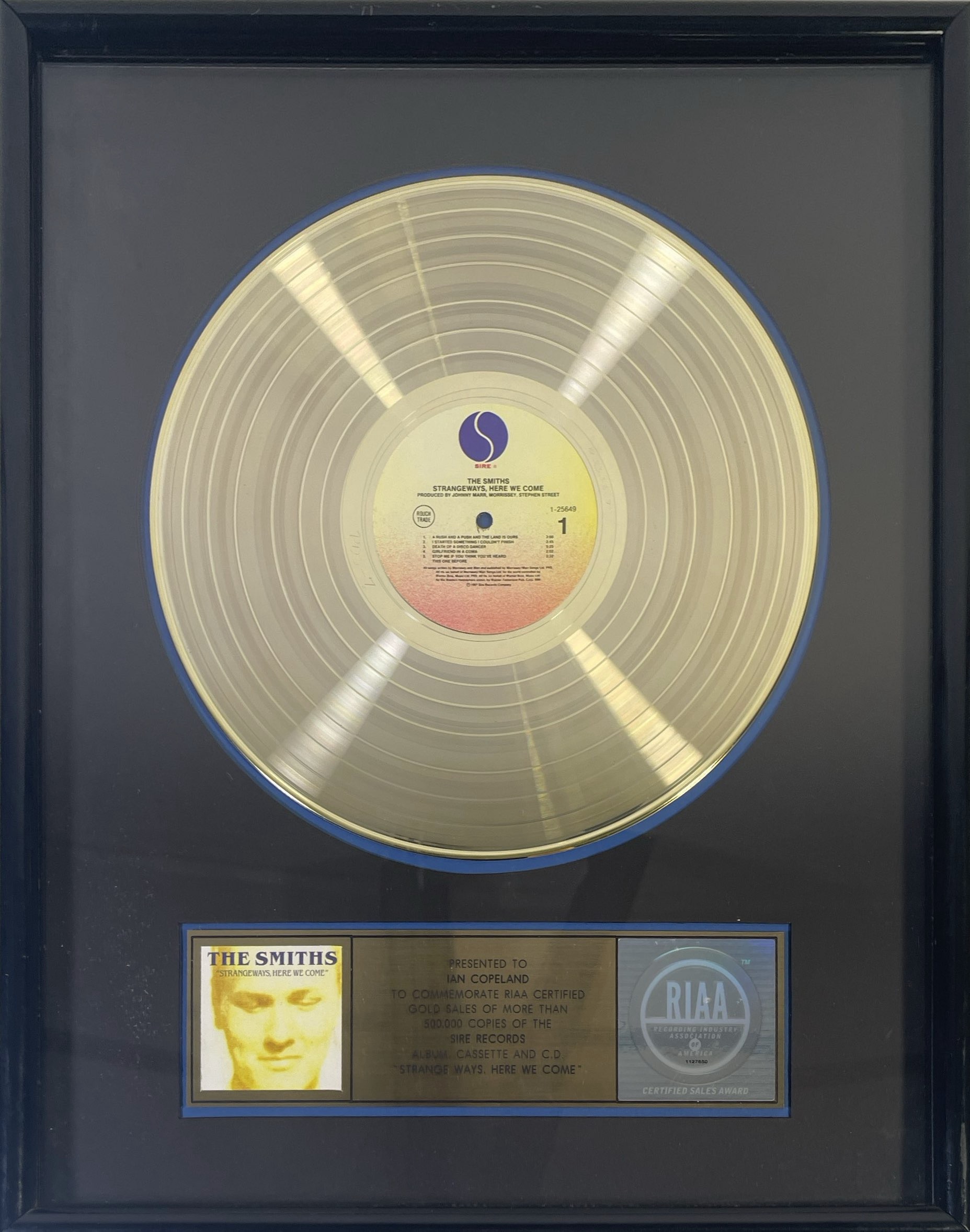 Lot 200 - THE SMITHS - RIAA GOLD DISC FOR 'STRANGEWAYS'