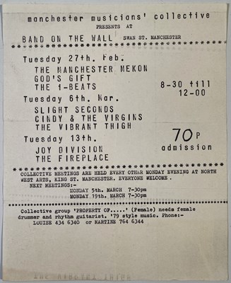 Lot 86 - JOY DIVISION - ORIGINAL 1979 BAND ON THE WALL HANDBILL.