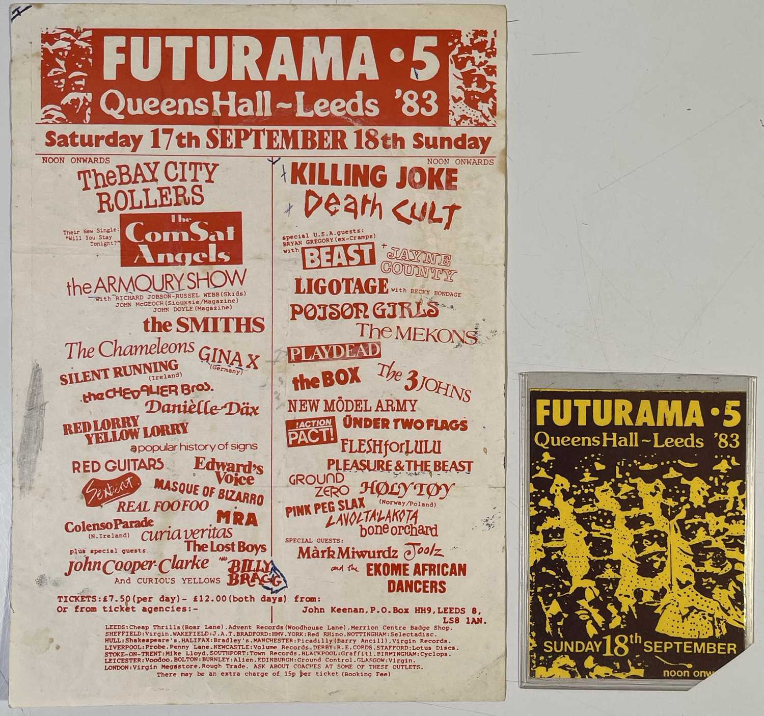Lot 204 - THE SMITHS - ORIGINAL 1983 FUTURAMA 5 FESTIVAL HANDBILL AND TICKET.