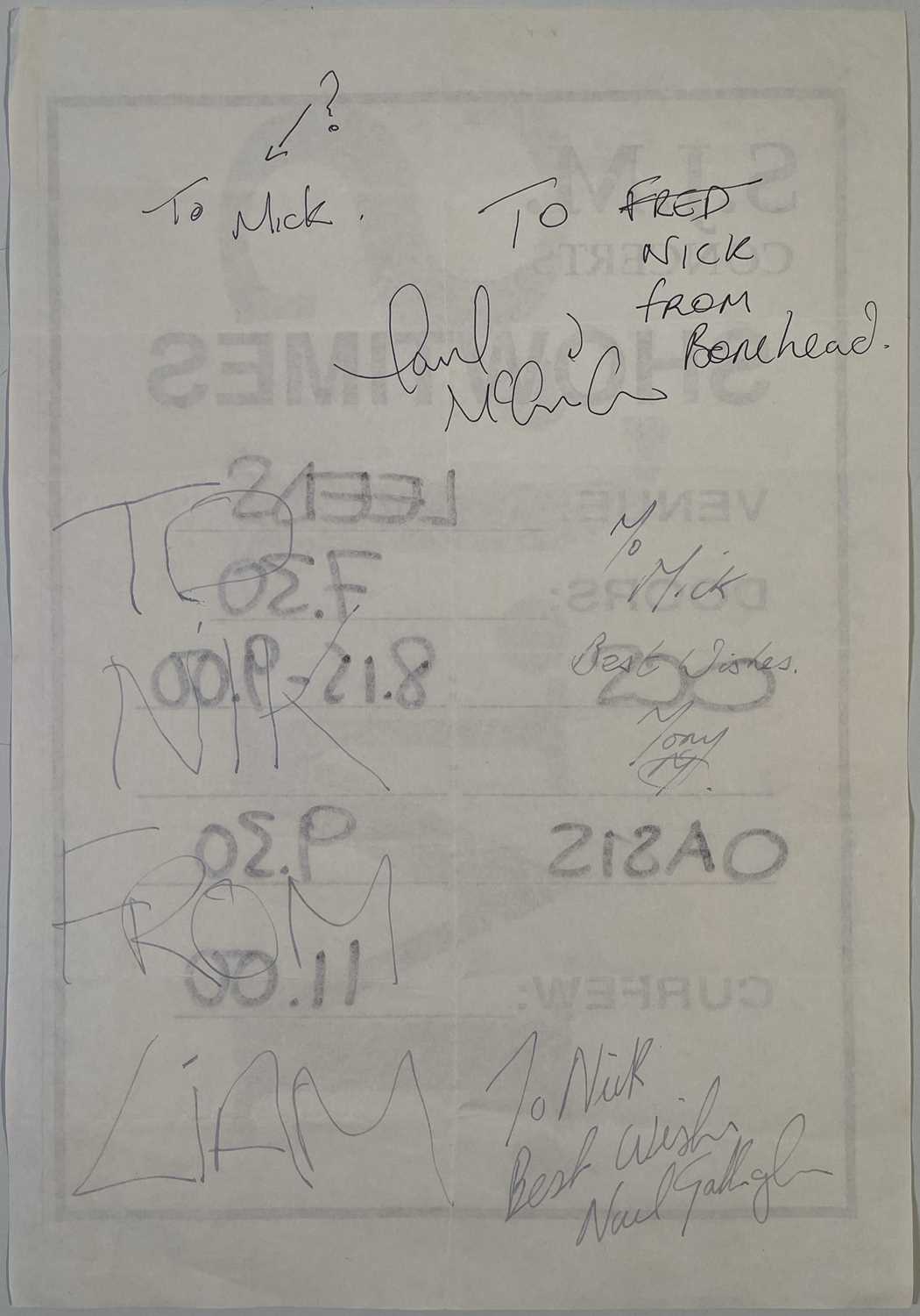 Lot 94 - OASIS - FULLY SIGNED 1994 STAGE TIMES SHEET FOR LEEDS