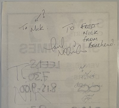Lot 94 - OASIS - FULLY SIGNED 1994 STAGE TIMES SHEET FOR LEEDS