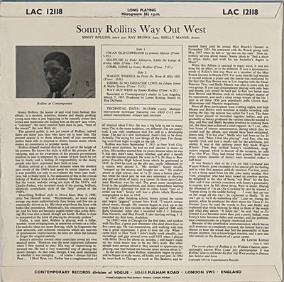 Lot 485 - SONNY ROLLINS - WAY OUT WEST LP (UK ORIGINAL - CONTEMPORARY - LAC 12118)