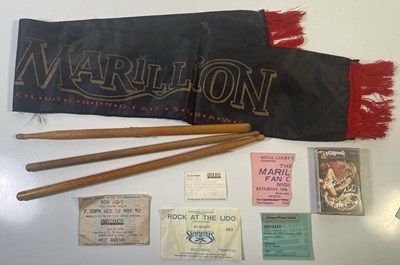 Lot 82 - HARD ROCK MEMORABILIA - WHITESNAKE SIGNED CASSETTE / TICO TORRES DRUMSTICKS / MARILLION SIGNED SCARF.