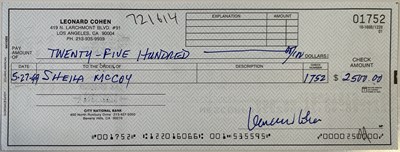 Lot 322 - LEONARD COHEN - SIGNED CHEQUE.