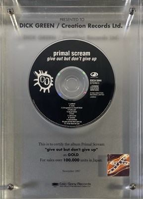Lot 367 - EPIC/SONY RECORDS - PRIMAL SCREAM JAPAN GOLD CD AWARD - GIVE OUT..