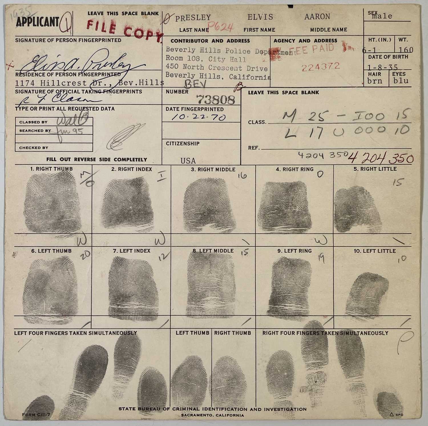Lot 386 - ELVIS PRESLEY - ORIGINAL GUN LICENCE APPLICATION WITH A FULL SET OF FINGERPRINTS.