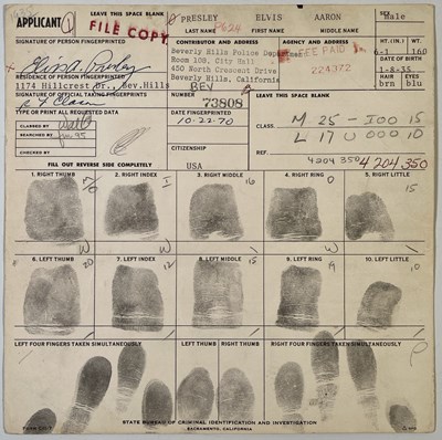 Lot 386 - ELVIS PRESLEY - ORIGINAL GUN LICENCE APPLICATION WITH A FULL SET OF FINGERPRINTS.