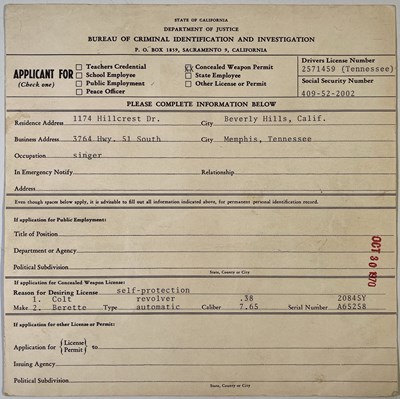Lot 386 - ELVIS PRESLEY - ORIGINAL GUN LICENCE APPLICATION WITH A FULL SET OF FINGERPRINTS.