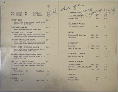 Lot 290 - THE BEATLES - GEORGE HARRISON SIGNED MENU CARD.
