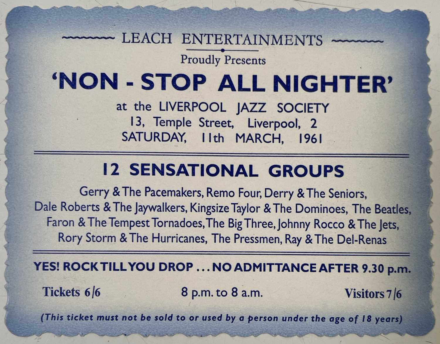 Lot 201 - BEATLES 1961 NON STOP ALL NIGHTER TICKET.