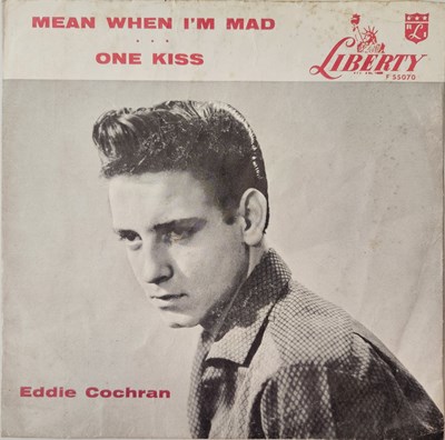 Lot 487 - EDDIE COCHRAN - MEAN WHEN I'M MAD C/W ONE KISS 7" (COMPLETE ORIGINAL US PICTURE SLEEVE COPY - LIBERTY F-55070)