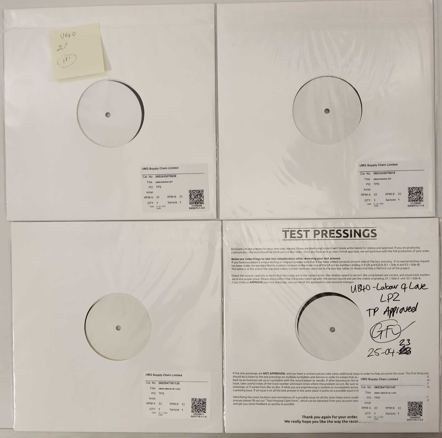 Lot 16 - UB40 WHITE LABEL TEST PRESSING PACK