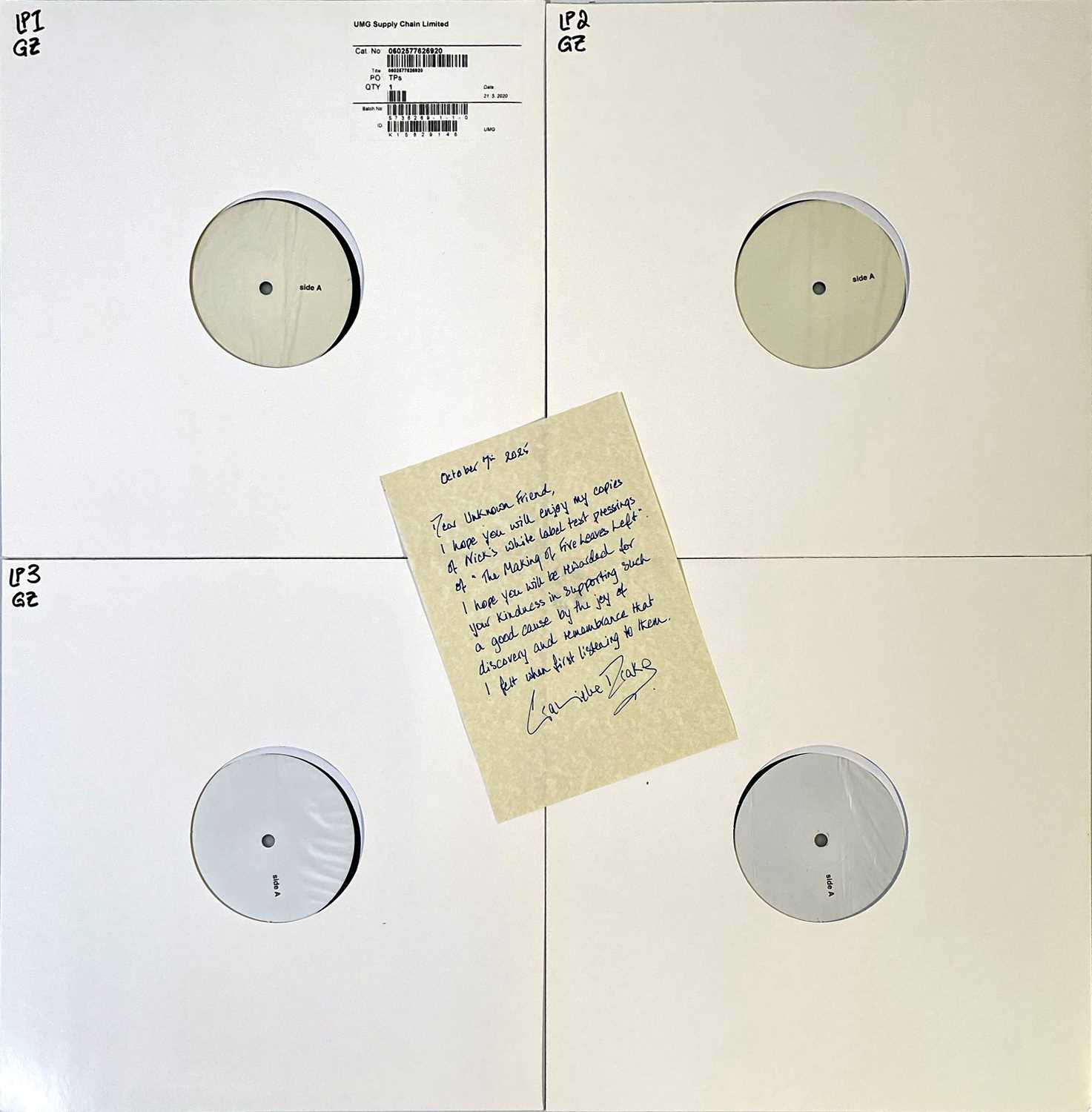 Lot 55 - NICK DRAKE - THE MAKING OF FIVE LEAVES LEFT WHITE LABEL TEST PRESSING LP BOX SET INC GABRIELLE DRAKE HANDWRITTEN LETTER.