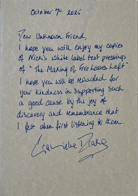 Lot 55 - NICK DRAKE - THE MAKING OF FIVE LEAVES LEFT WHITE LABEL TEST PRESSING LP BOX SET INC GABRIELLE DRAKE HANDWRITTEN LETTER.
