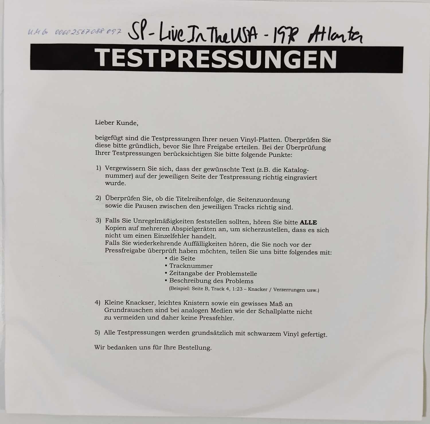 Lot 59 - SEX PISTOLS - LIVE IN THE USA: 1978 ATLANTA WHITE LABEL TEST PRESSING LP