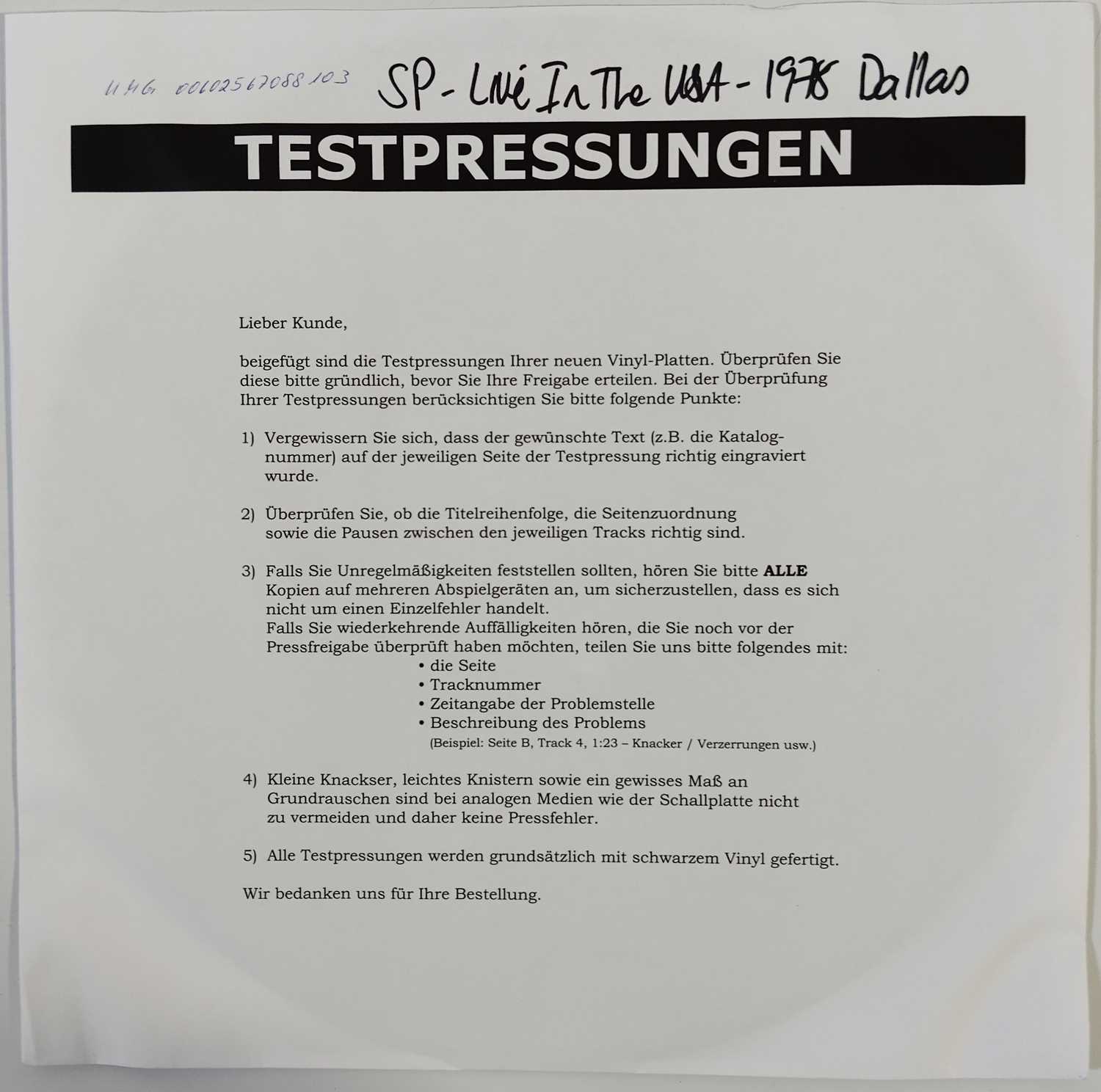 Lot 60 - SEX PISTOLS - LIVE IN THE USA: 1978 DALLAS WHITE LABEL TEST PRESSING