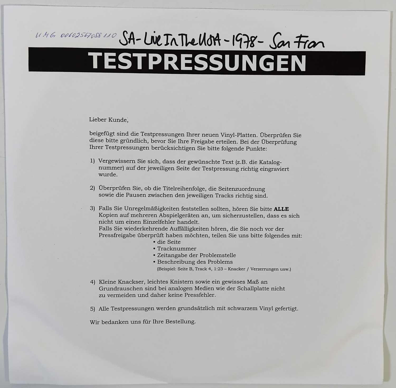 Lot 61 - SEX PISTOLS - LIVE IN THE USA: 1978 SAN FRANCISCO WHITE LABEL TEST PRESSING