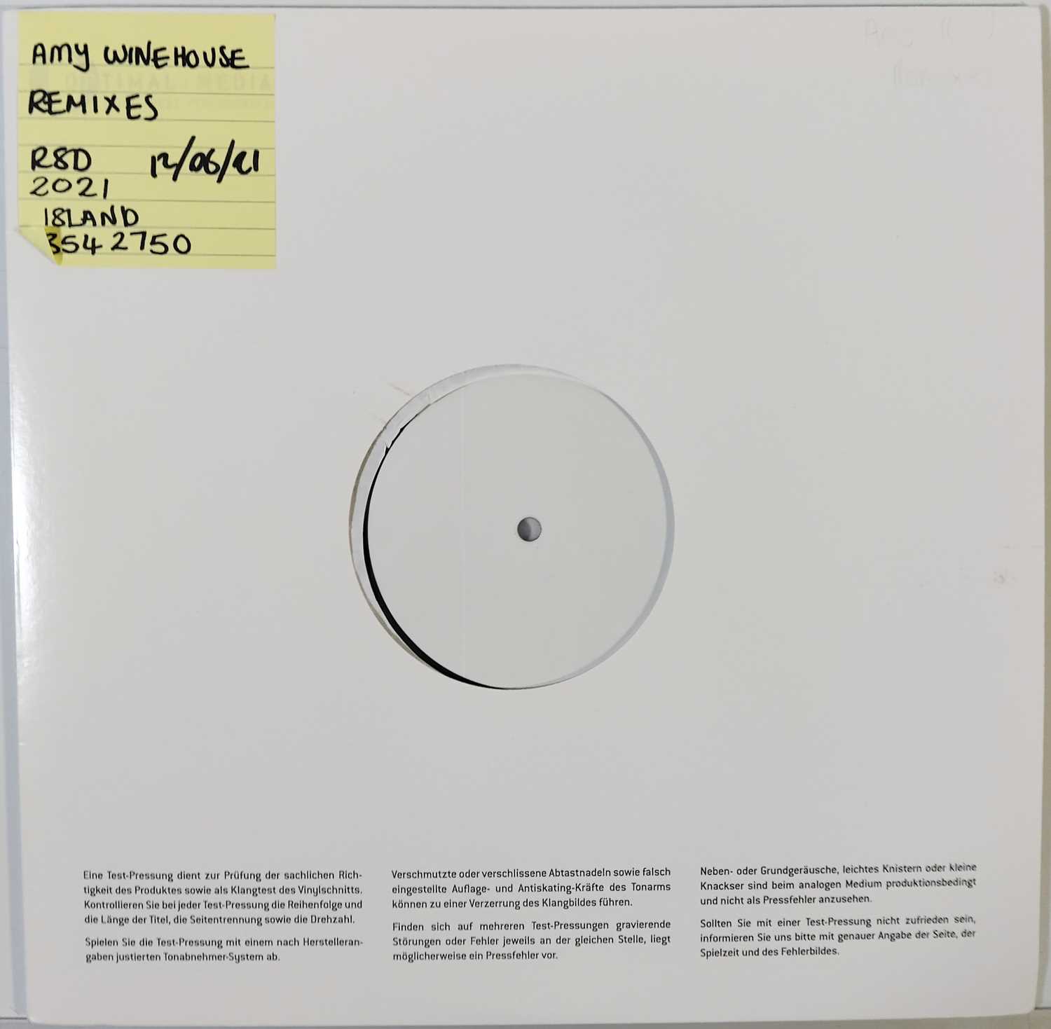 Lot 67 - AMY WINEHOUSE - REMIXES (RSD 2021) WHITE LABEL TEST PRESSING LP