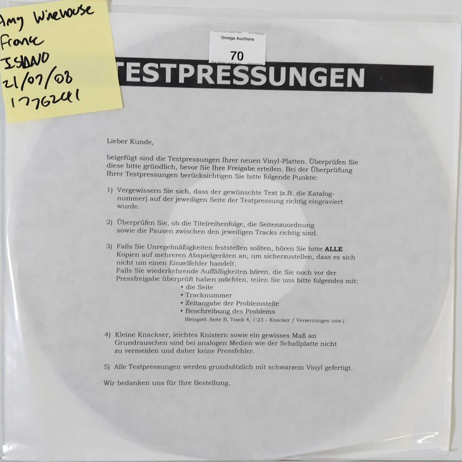 Lot 70 - AMY WINEHOUSE - FRANK WHITE LABEL TEST PRESSING LP