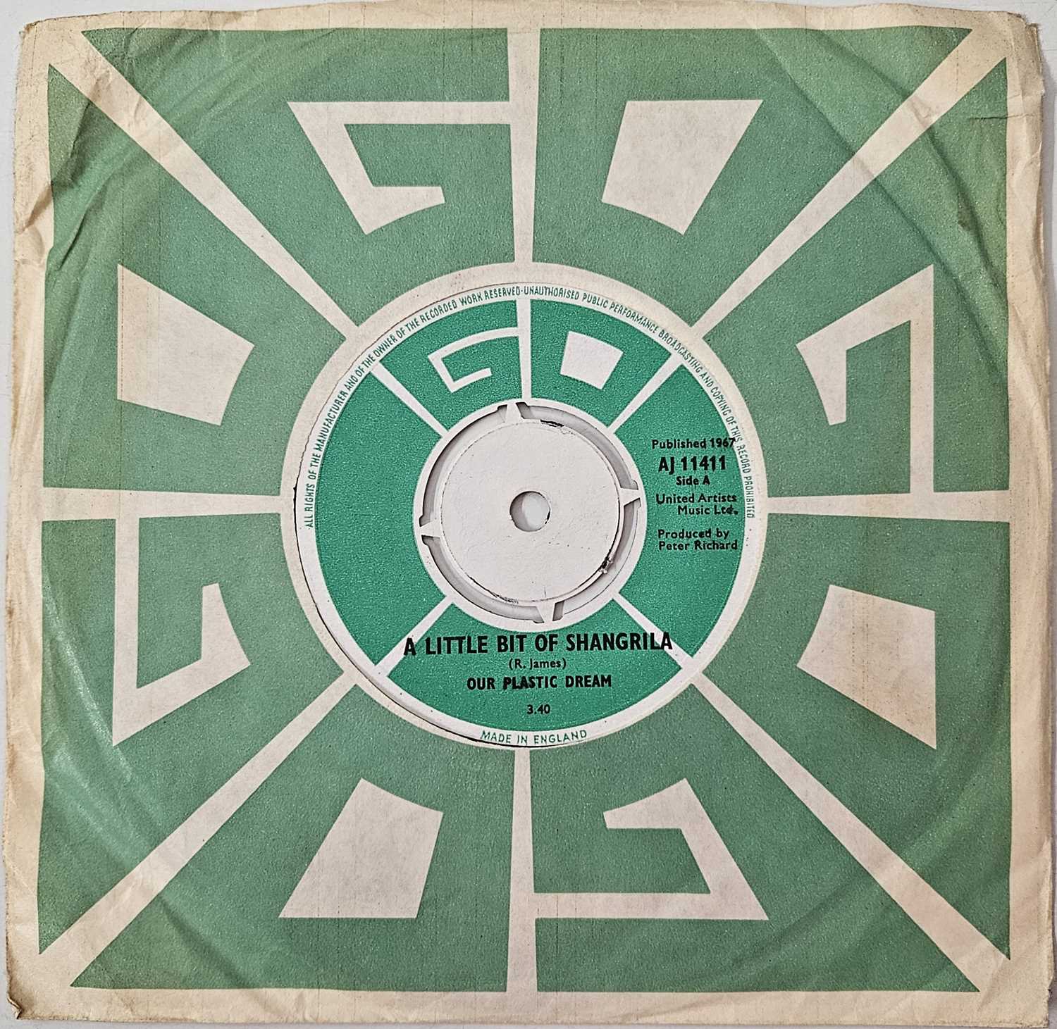 Lot 36 - OUR PLASTIC DREAM - A LITTLE BIT OF SHAGRILA 7" (UK PSYCH - GO RECORDS - AJ 11411)