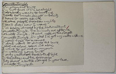 Lot 477 - THE SPECIALS - JERRY DAMMERS' HANDWRITTEN LYRICS FOR 'CONCRETE JUNGLE'.