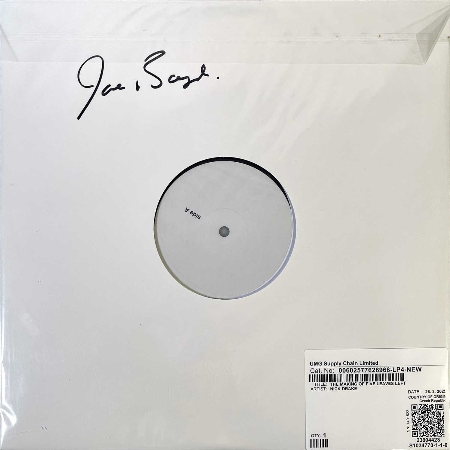 Lot 55 - NICK DRAKE - THE MAKING OF FIVE LEAVES LEFT TEST PRESSING SIGNED BY PRODUCER JOE BOYD.