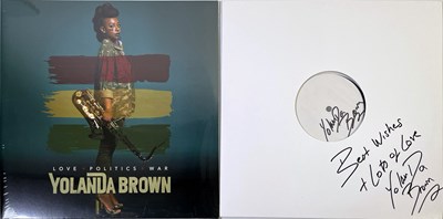 Lot 164 - YOLANDA BROWN - LOVE POLITICS WAR (2017)- TWICE SIGNED WHITE LABEL TEST PRESSING.