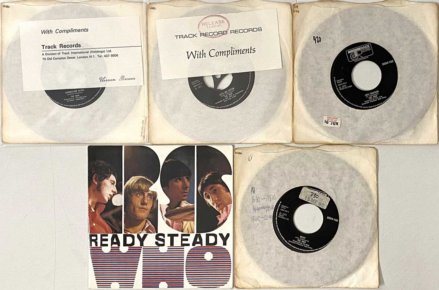 Lot 14 - THE WHO - 7"/EP COLLECTION (WITH SAMPLE STICKERS AND COMPLIMENTS SLIPS)