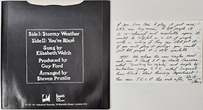 Lot 27 - ELISABETH WELCH - STORMY WEATHER 7" (INDUSTRIAL RECORDS IR0012 - WITH HANDWRITTEN LETTER FROM GENESIS P-ORRIDGE)