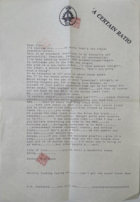 Lot 34 - A CERTAIN RATIO - 7" COLLECTION (INCLUDING LETTER FROM ANTHONY WILSON AND WHITE LABEL/TEST PRESSINGS)