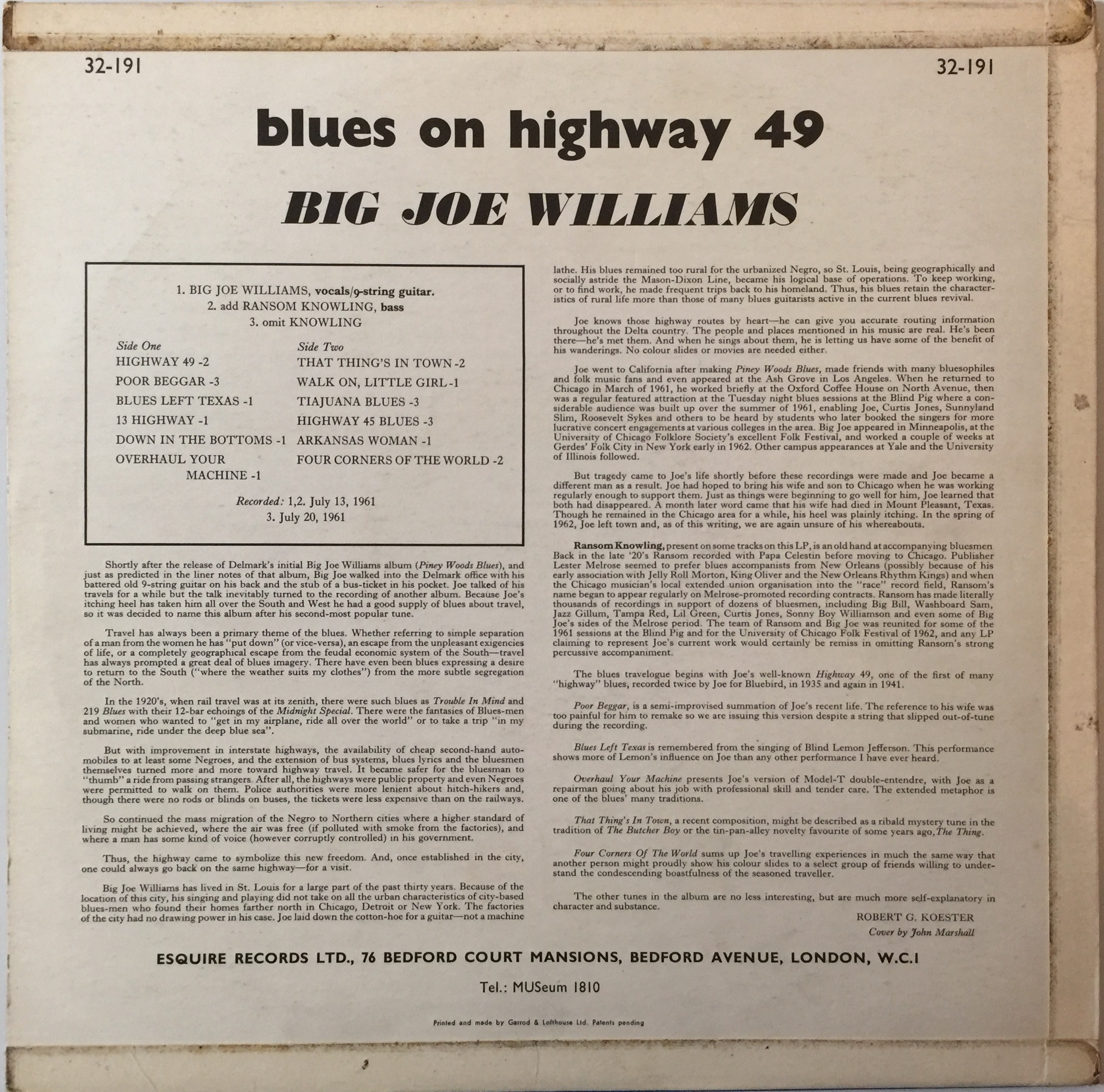 英LP Big Joe Williams Blues On Highway 49 32191 ESQUIRE /00260 Big Joe Williams – Blues On Highway 49 – Vinyl (LP, Album