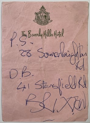 Lot 689 - DAVID BOWIE - NOTE WITH BOWIE'S HANDWRITTEN ADDRESS.