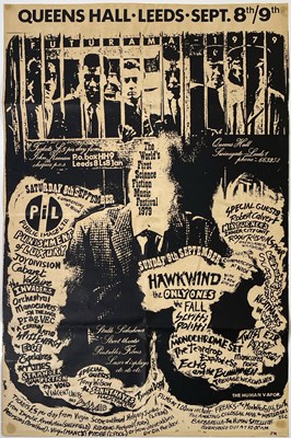 Lot 589 - JOY DIVISION / THE FALL / PIL AND MORE - ORIGINAL 1979 FUTURAMA FESTIVAL POSTER, WITH BACKSTAGE PASS BADGE AND MORE.