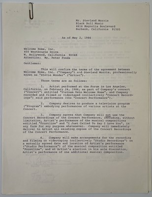 Lot 405 - WELCOME HOME CONCERT LA 1986 - STEVIE WONDER FINGERPRINT SIGNED CONTRACT WITH PETER FONDA.