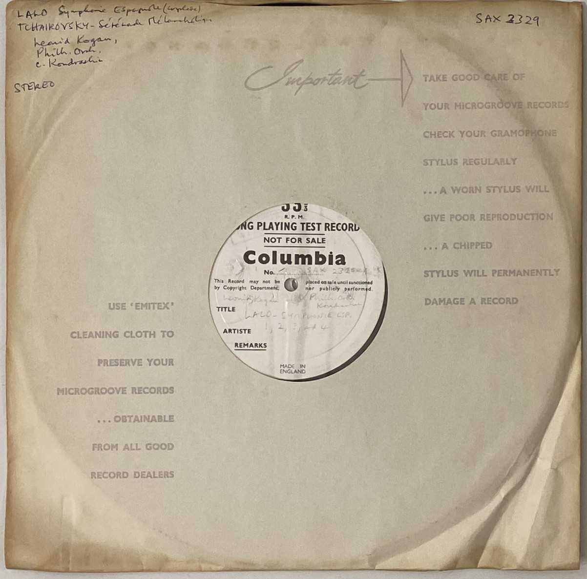 Lot 40 - LEONID KOGAN, KYRIL KONDRASHIN, LALO, TCHAIKOVSKY - LALO SYMPHONIE ESPAGNOLE (TEST PRESS)