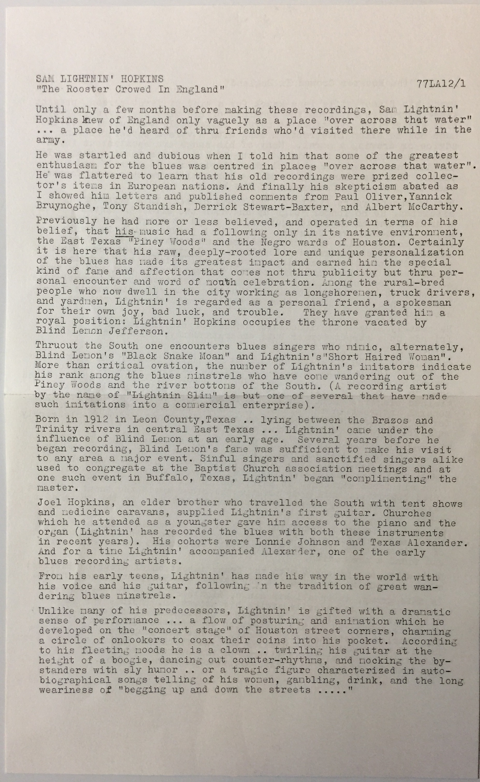 Lot 258 SAM LIGHTNIN' HOPKINS THE ROOSTER CROWED