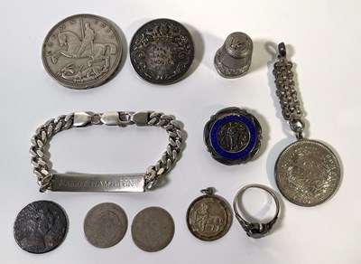 Lot 9 - ASSORTED SILVER INC BRACLET, BADGES, COINS & RING