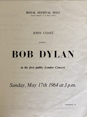 Lot 90 - CONCERT PROGRAMMES TO INC BOB DYLAN 1964 FESTIVAL HALL.