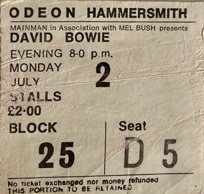 Lot 502 - DAVID BOWIE SECOND TO LAST ZIGGY TOUR CONCERT TICKET.